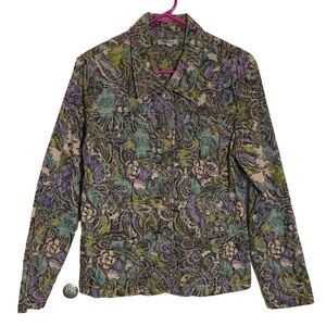 J Bee women's size Large Floral Tapestry Blue Purple Green Button Up Jacket